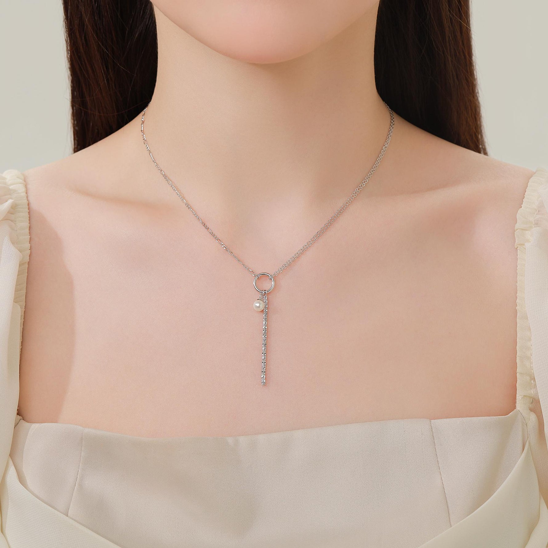 Pearl and Chain Choker Necklace in Sterling Silver, Geometric Design, Adjustable Length 16 inch to 18 inch, Pearl Necklace