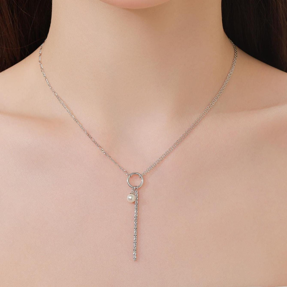 Pearl and Chain Choker Necklace in Sterling Silver, Geometric Design, Adjustable Length 16 inch to 18 inch, Pearl Necklace