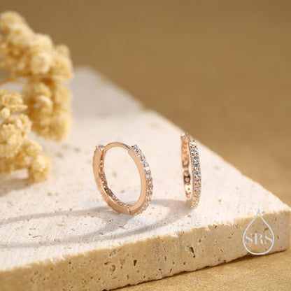 Extra Skinny Clear CZ Huggie Hoop in Sterling Silver, Silver or Gold, 8mm Inner Diameter Hoop Earrings, April Birthstone