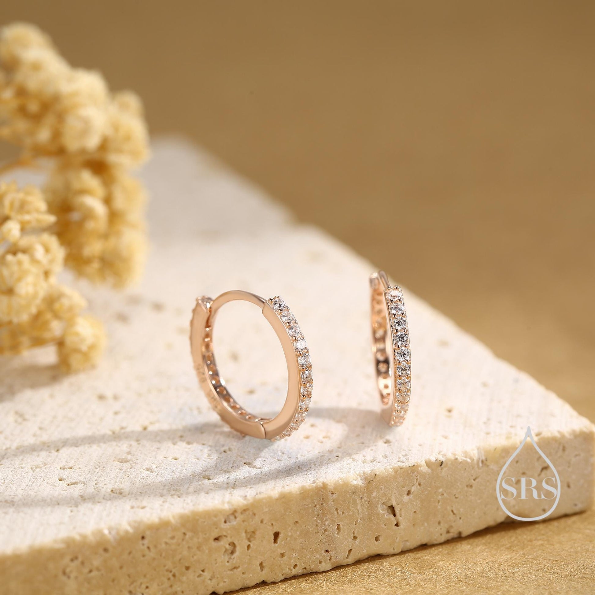 Skinny CZ Crystal Huggie Hoops in Sterling Silver, Silver or Gold or Rose Gold, Minimalist Hoop Earrings, 8mm and 10mm Hoops