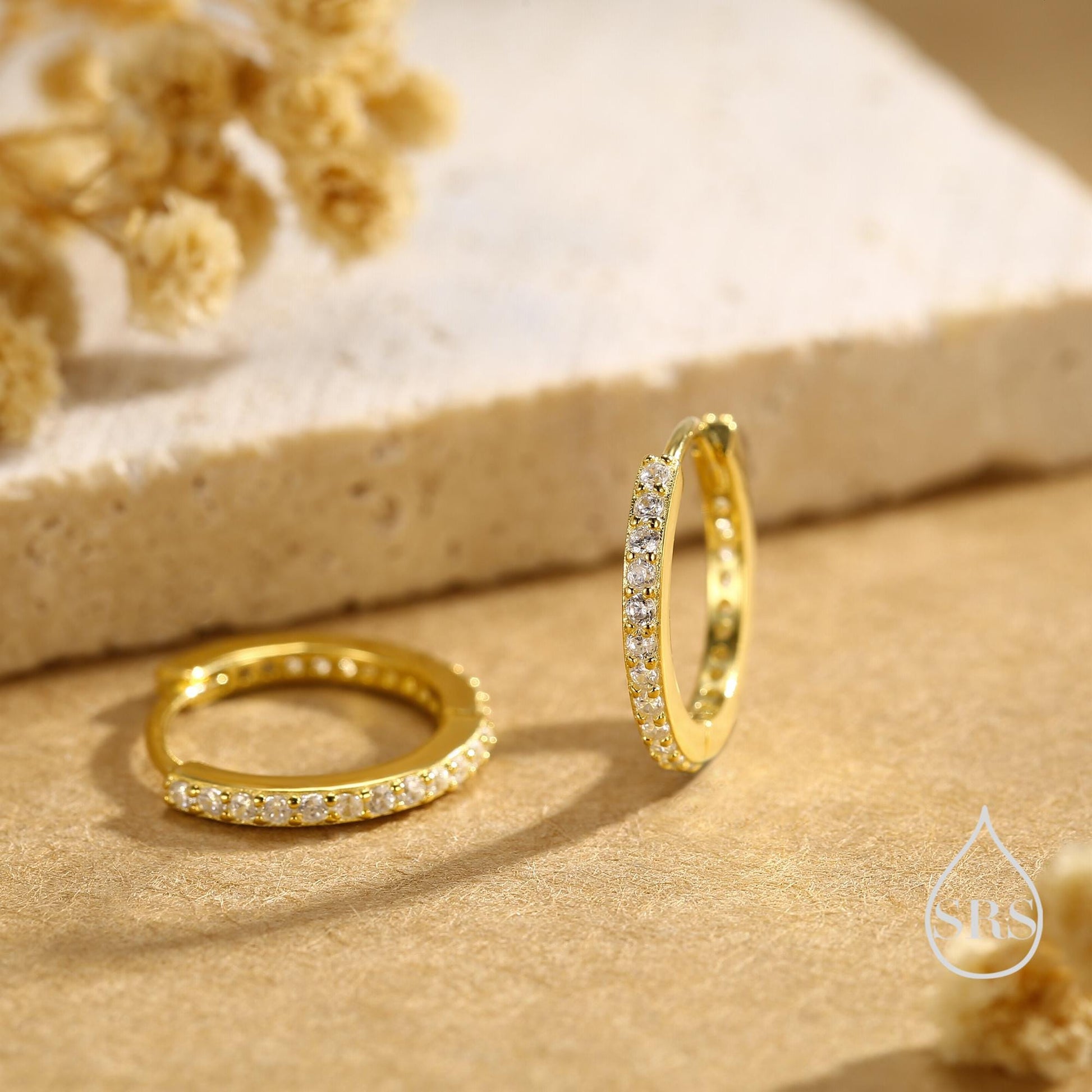 Minimalist Huggie Hoop Earrings in Sterling Silver with Sparkling CZ Crystals, Silver, Rose Gold or Gold, Skinny Hoop Earrings