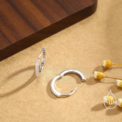 Minimalist Huggie Hoop Earrings in Sterling Silver with Sparkling CZ Crystals, Silver, Rose Gold or Gold, Skinny Hoop Earrings