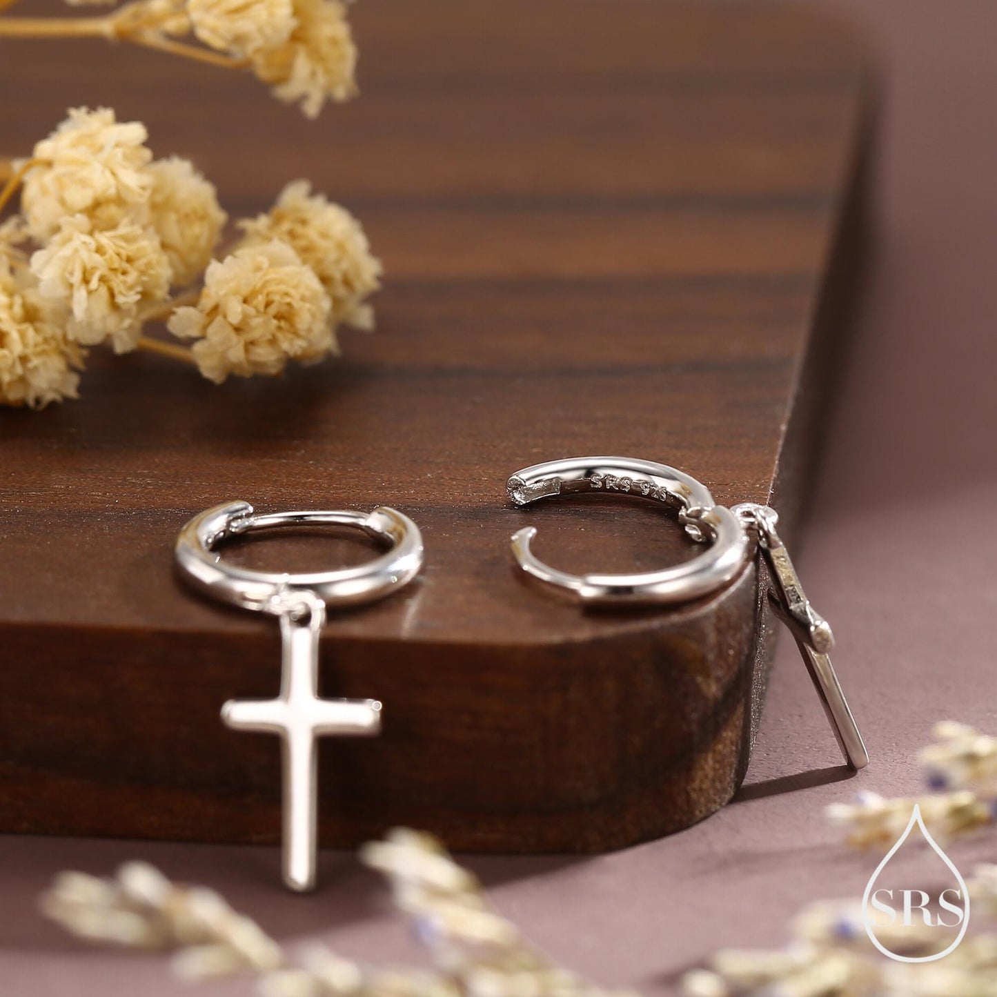 Sterling Silver Minimalist Cross Huggie Hoop Earrings, Cross Dangle Hoop Earrings, Silver, Gold or Rose Gold Finish