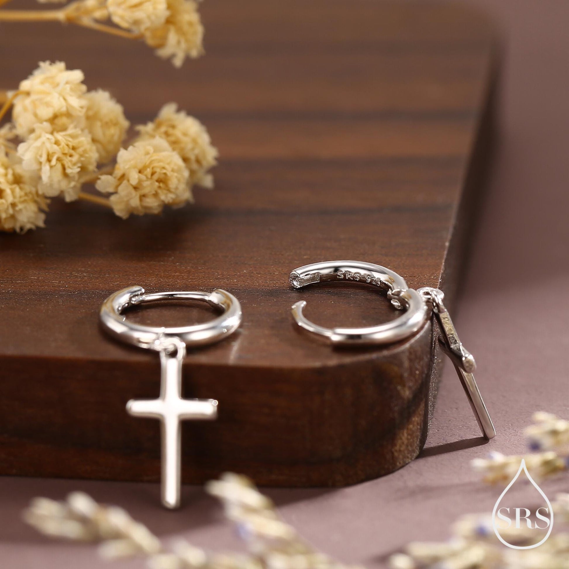 Sterling Silver Minimalist Cross Huggie Hoop Earrings, Cross Dangle Hoop Earrings, Silver, Gold or Rose Gold Finish