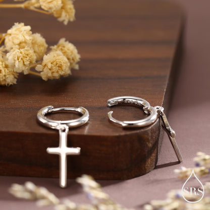 Sterling Silver Minimalist Cross Huggie Hoop Earrings, Cross Dangle Hoop Earrings, Silver, Gold or Rose Gold Finish