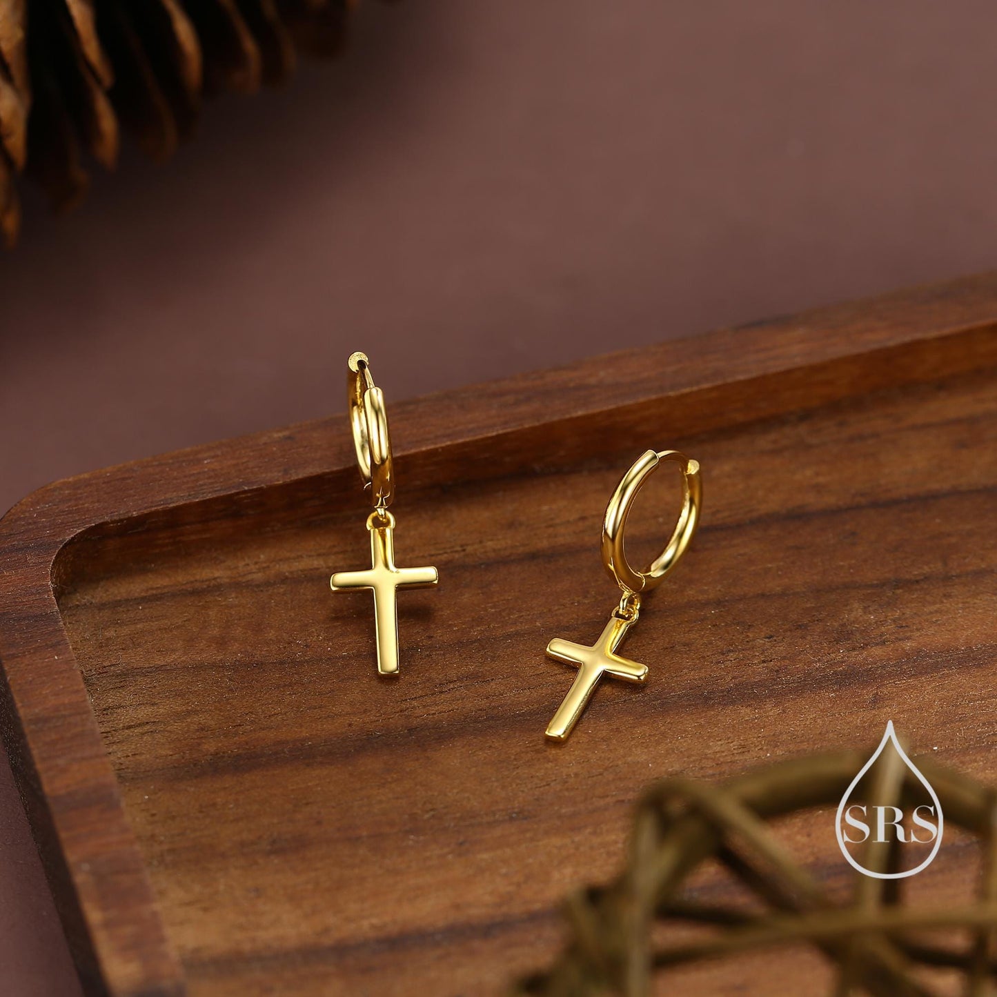 Sterling Silver Minimalist Cross Huggie Hoop Earrings, Cross Dangle Hoop Earrings, Silver, Gold or Rose Gold Finish