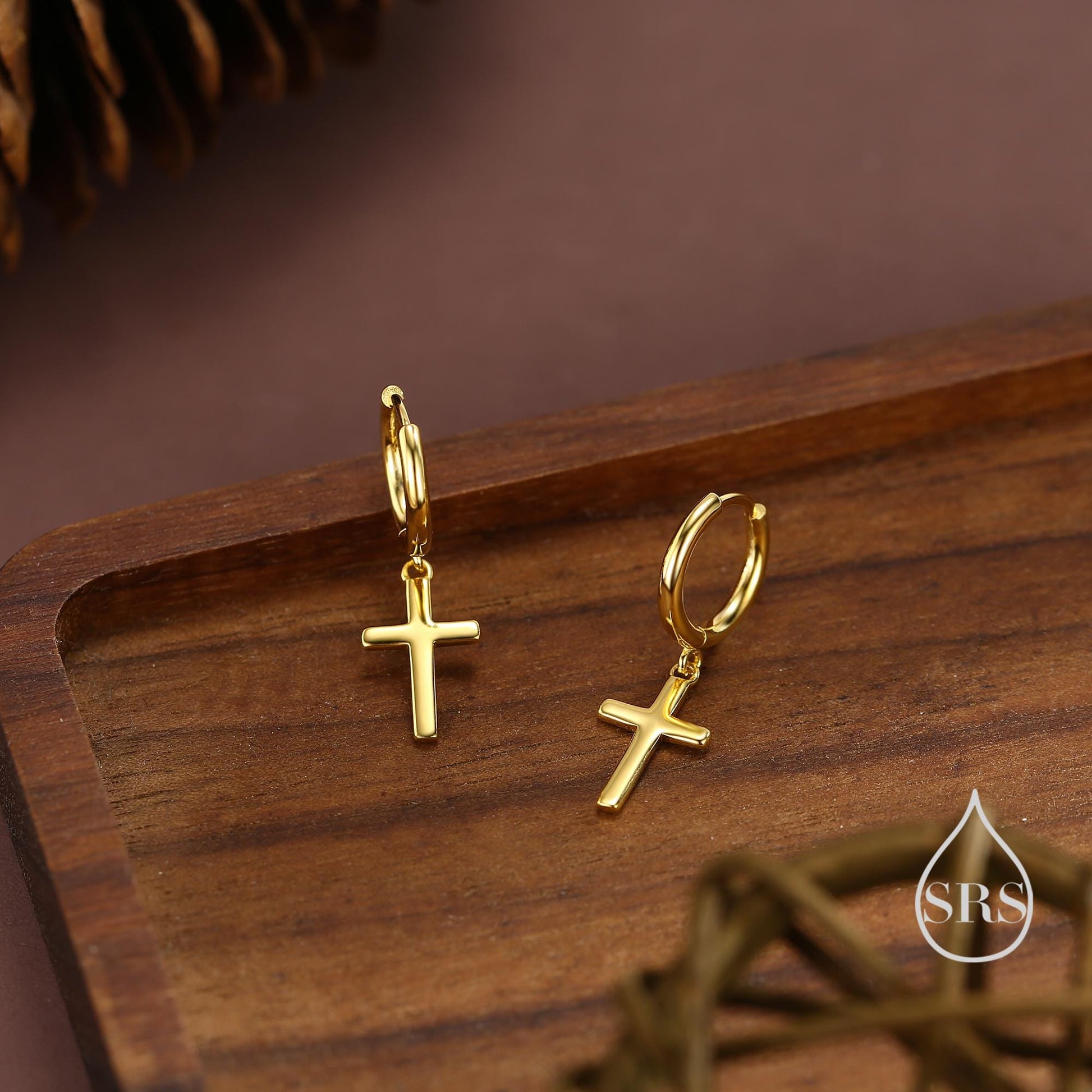 Sterling Silver Minimalist Cross Huggie Hoop Earrings, Cross Dangle Hoop Earrings, Silver, Gold or Rose Gold Finish