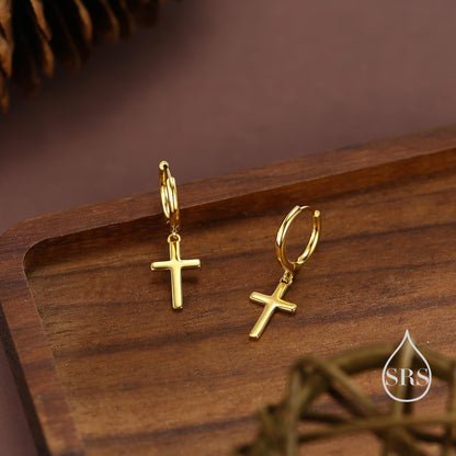 Sterling Silver Minimalist Cross Huggie Hoop Earrings, Cross Dangle Hoop Earrings, Silver, Gold or Rose Gold Finish