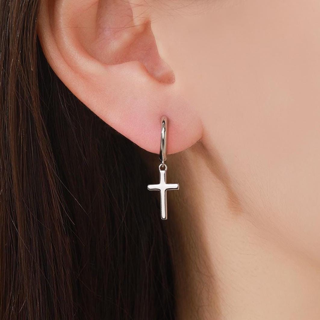 Sterling Silver Minimalist Cross Huggie Hoop Earrings, Cross Dangle Hoop Earrings, Silver, Gold or Rose Gold Finish