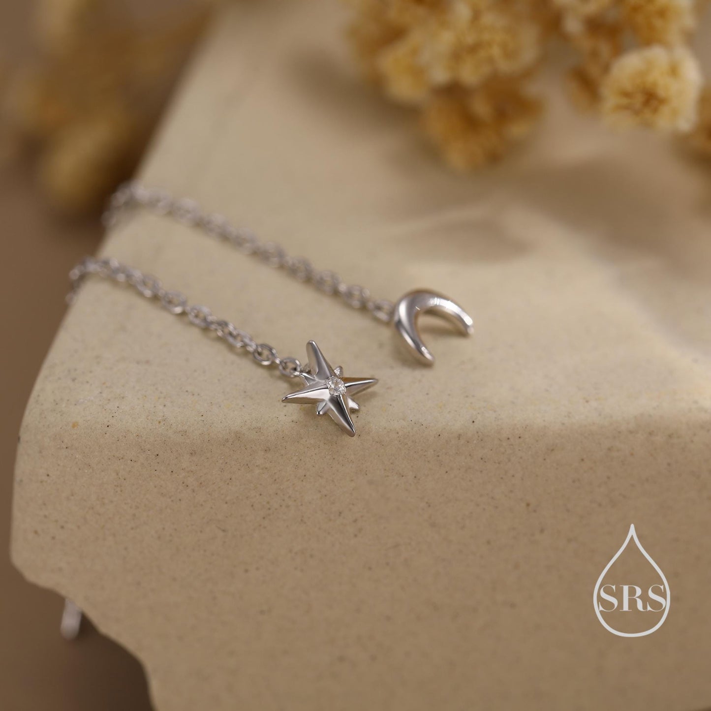 Extra Tiny CZ Starburst and Moon Threader Earrings in Sterling Silver, Silver or Gold or Rose Gold, North Star Ear Threaders, Star Threaders