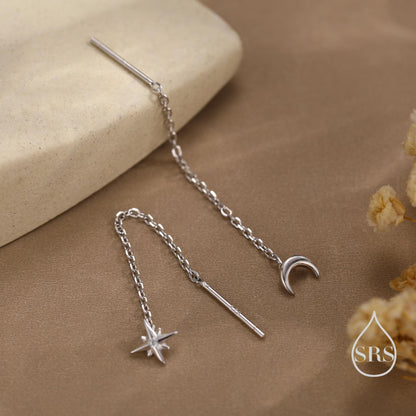 Extra Tiny CZ Starburst and Moon Threader Earrings in Sterling Silver, Silver or Gold or Rose Gold, North Star Ear Threaders, Star Threaders