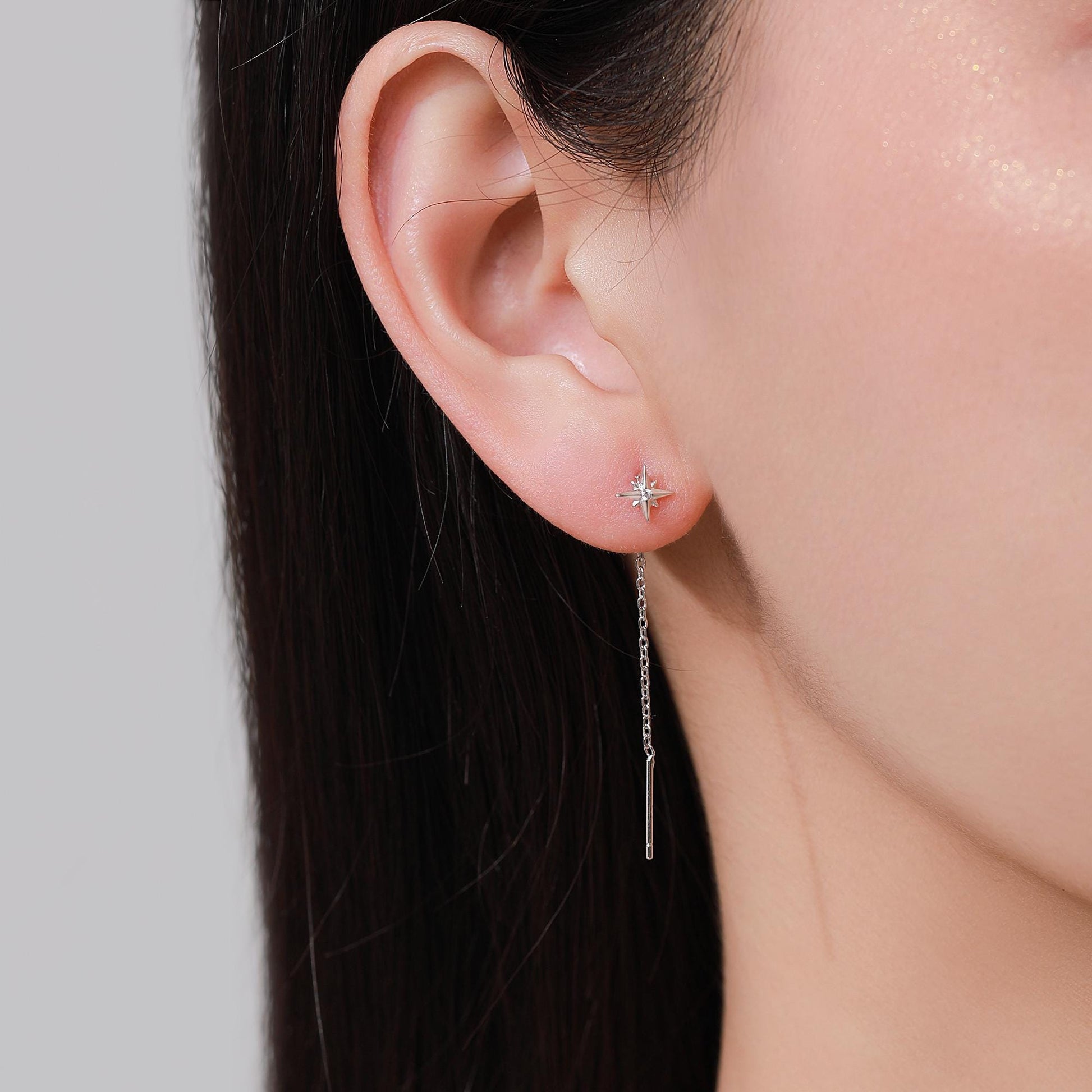Extra Tiny CZ Starburst and Moon Threader Earrings in Sterling Silver, Silver or Gold or Rose Gold, North Star Ear Threaders, Star Threaders