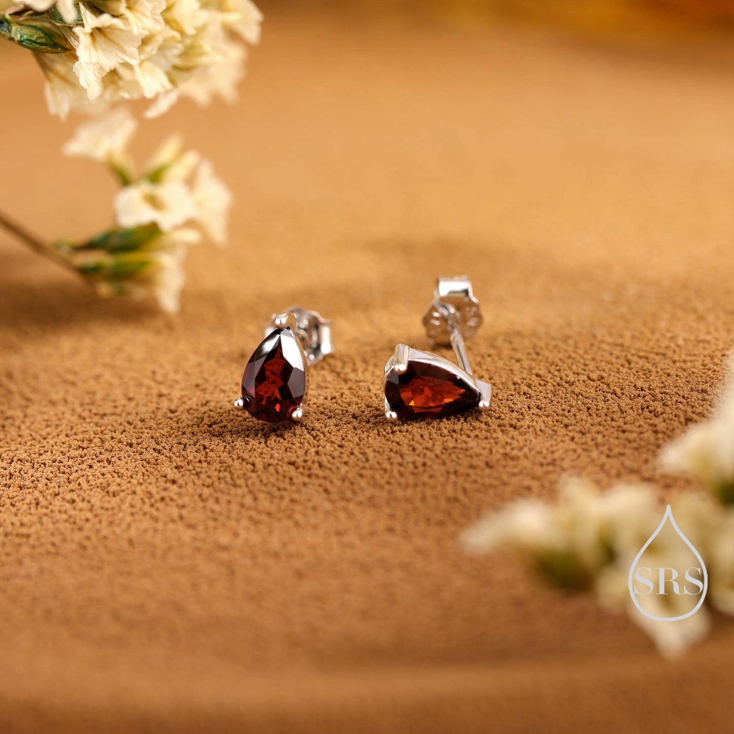 Extra Tiny Genuine Garnet Droplet Stud Earrings in Sterling Silver, 3x5mm Garnet Crystal Earrings, Natural Red Garnet Pear Earrings