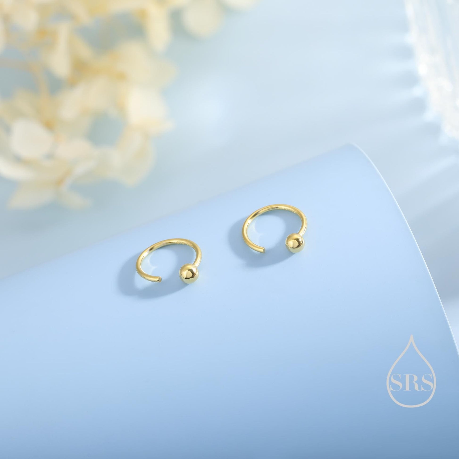 Minimalist Ball Huggie Hoop Threader Earrings in Sterling Silver, 6mm and 8mm, Silver, Gold or Rose Gold Finish, Pull Through Open Hoops