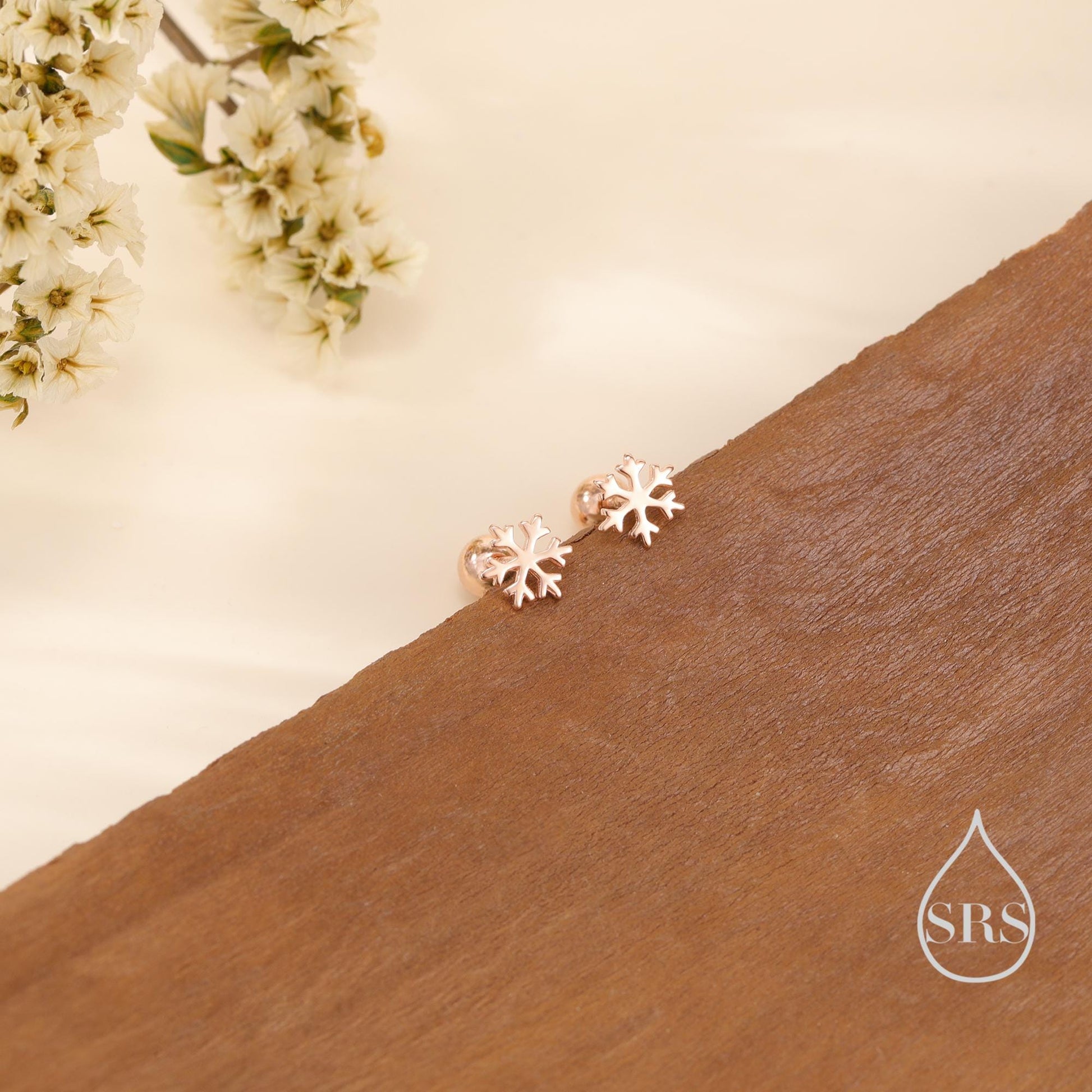 Snowflake Internally Threaded Flat Back / Screw Back Earrings in Sterling Silver, Snow Earrings, in Silver, Gold and Rose Gold Finishes
