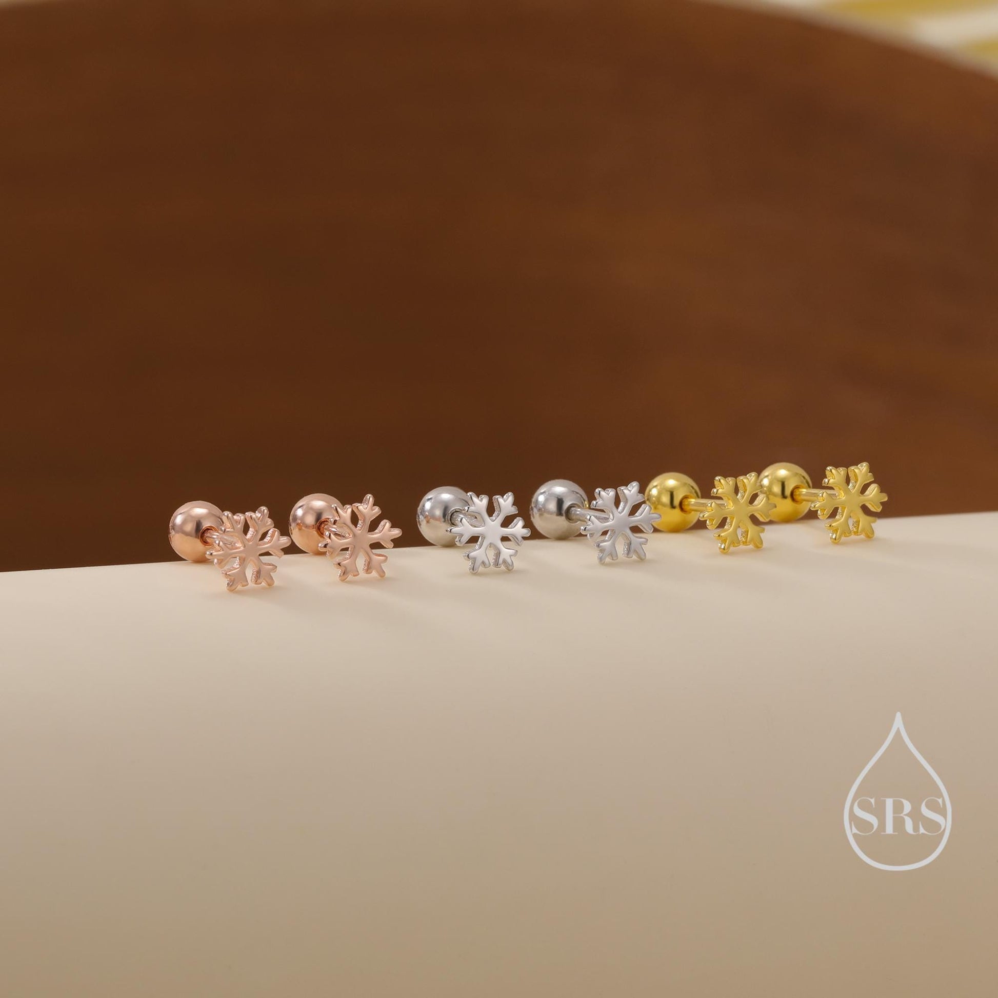 Snowflake Internally Threaded Flat Back / Screw Back Earrings in Sterling Silver, Snow Earrings, in Silver, Gold and Rose Gold Finishes