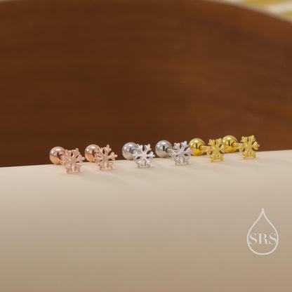 Snowflake Internally Threaded Flat Back / Screw Back Earrings in Sterling Silver, Snow Earrings, in Silver, Gold and Rose Gold Finishes