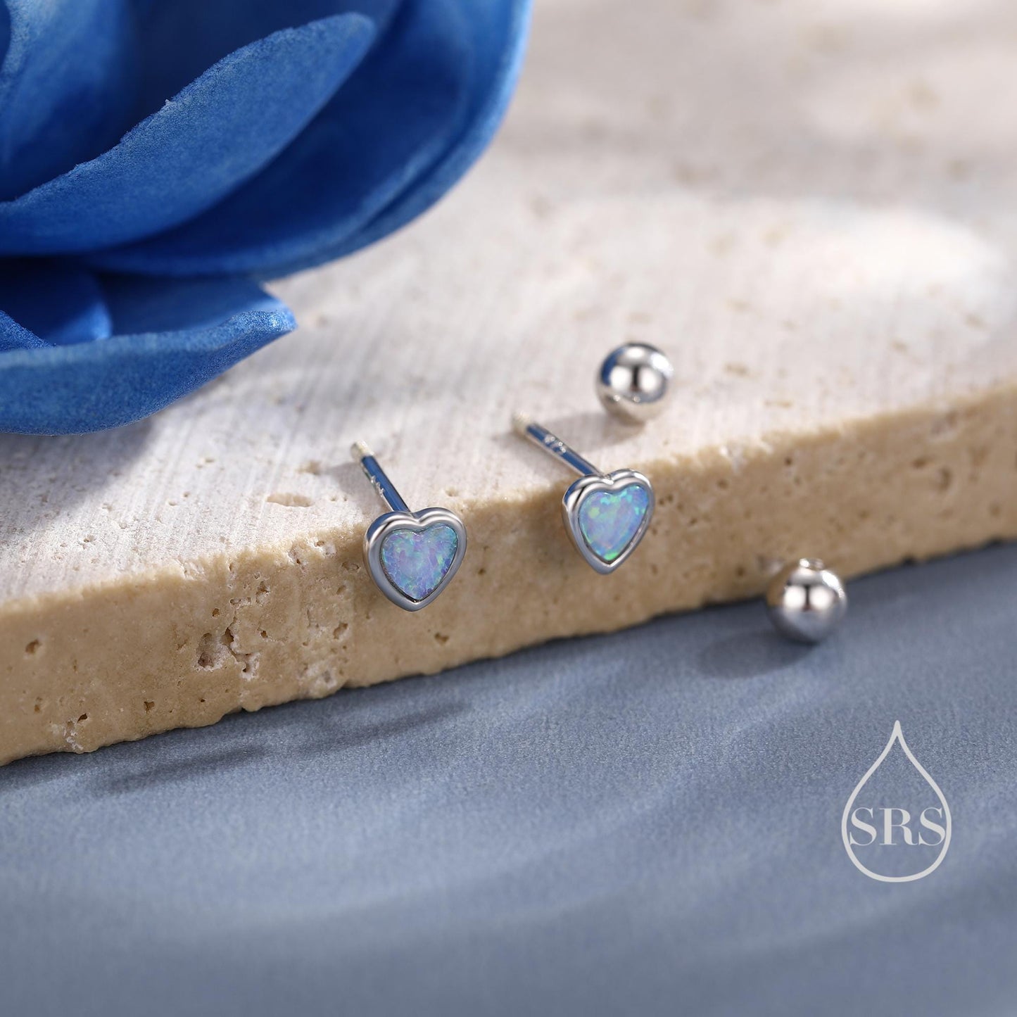 Blue Opal Heart Screw back / Flat Back / Stud Earrings in Sterling Silver, Lab Opal Heart Earrings, Heart Screwback Earrings, Fire Opal
