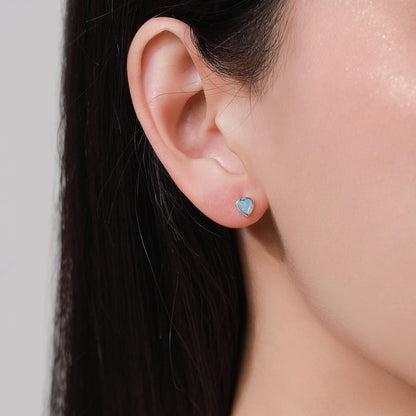 Blue Opal Heart Flat Back / Screw Back / Stud Earrings in Sterling Silver, Lab Opal Heart Earrings, Heart Screwback Earrings, Fire Opal