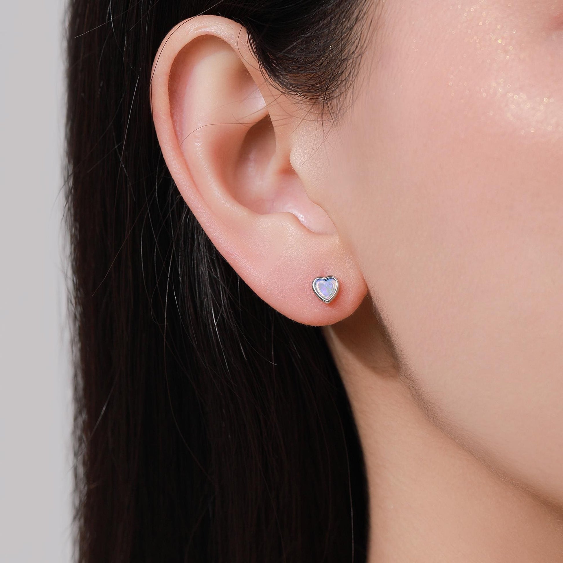 Blue Opal Heart Screw back / Flat Back / Stud Earrings in Sterling Silver, Lab Opal Heart Earrings, Heart Screwback Earrings, Fire Opal