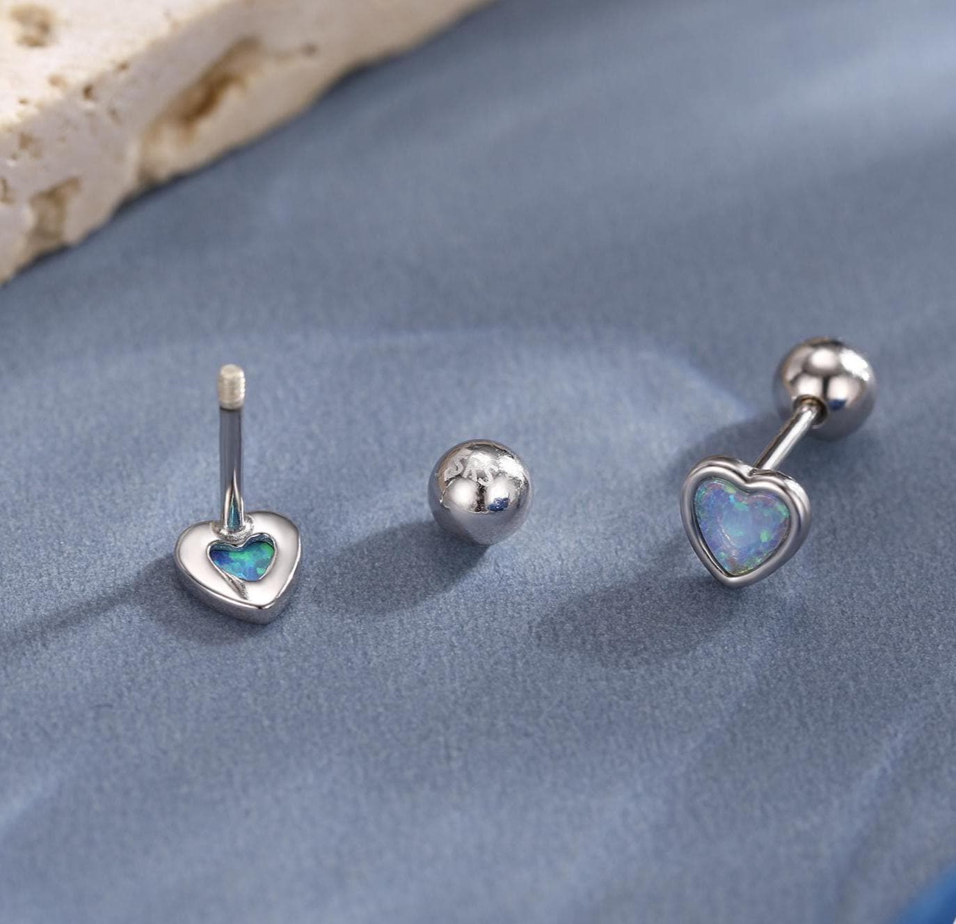 Blue Opal Heart Screw back / Flat Back / Stud Earrings in Sterling Silver, Lab Opal Heart Earrings, Heart Screwback Earrings, Fire Opal