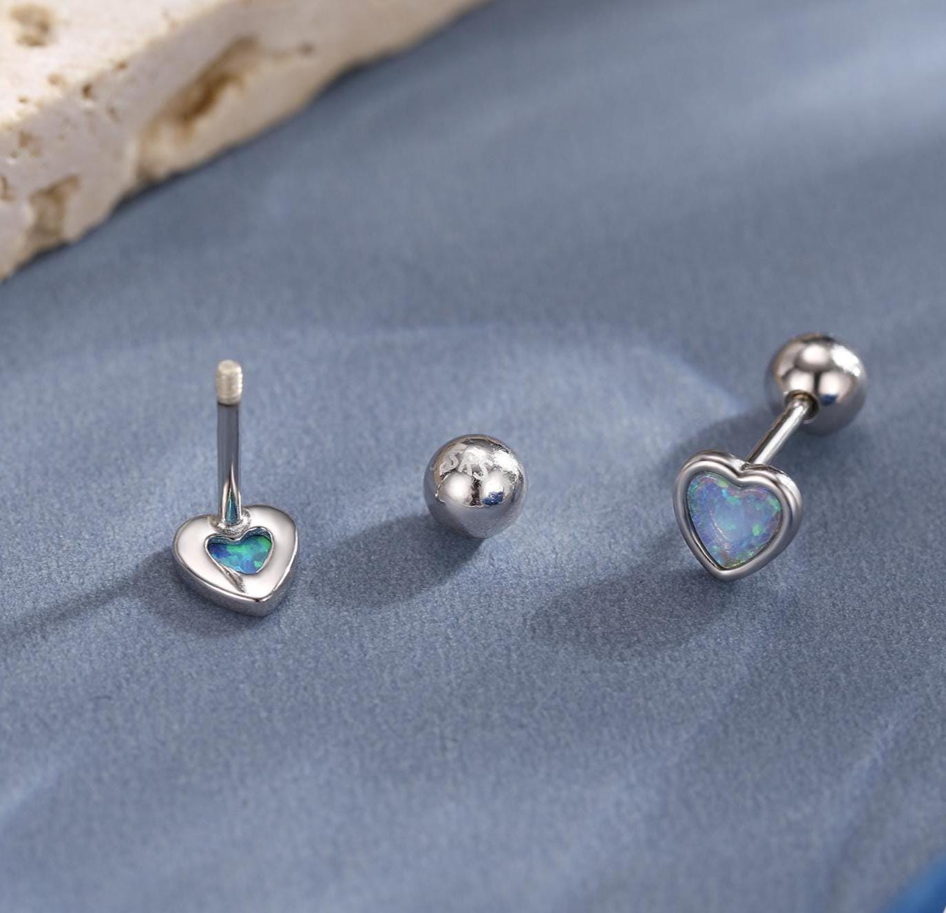 Blue Opal Heart Flat Back / Screw Back / Stud Earrings in Sterling Silver, Lab Opal Heart Earrings, Heart Screwback Earrings, Fire Opal