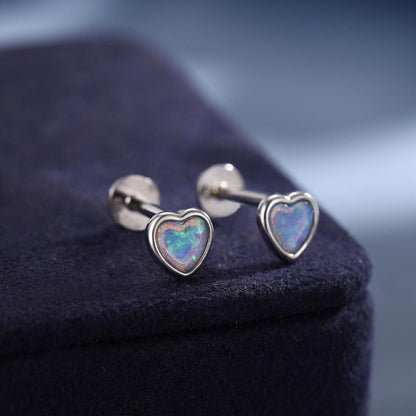 Blue Opal Heart Flat Back / Screw Back / Stud Earrings in Sterling Silver, Lab Opal Heart Earrings, Heart Screwback Earrings, Fire Opal