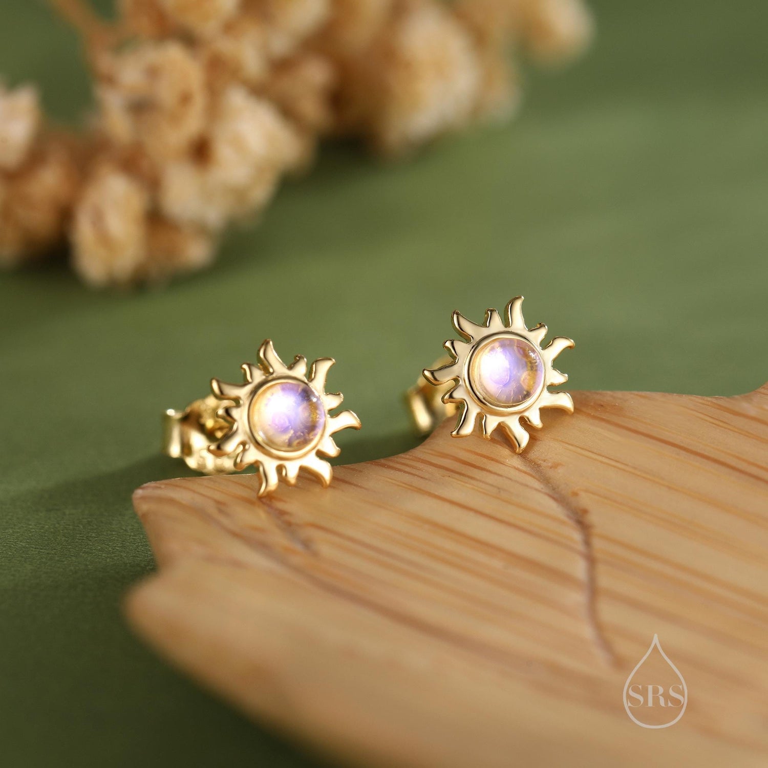 Tiny Sun Stud Earrings in Sterling Silver with Simulated Moonstone, Silver or Gold, Sun Earrings, Celestial Earrings