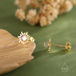 Tiny Sun Stud Earrings in Sterling Silver with Simulated Moonstone, Silver or Gold, Sun Earrings, Celestial Earrings