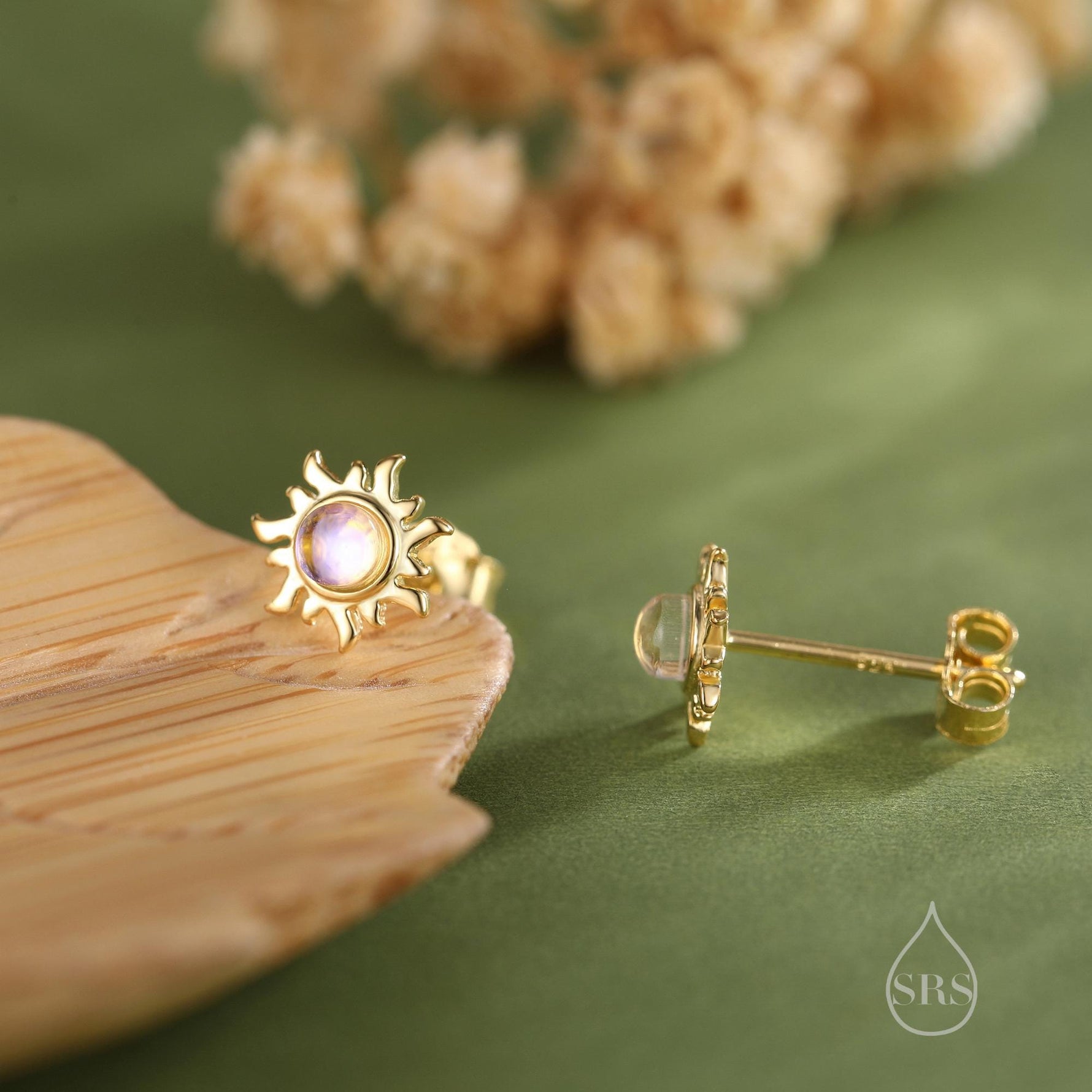 Tiny Sun Stud Earrings in Sterling Silver with Simulated Moonstone, Silver or Gold, Sun Earrings, Celestial Earrings