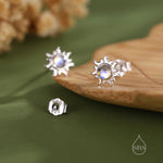 Tiny Sun Stud Earrings in Sterling Silver with Simulated Moonstone, Silver or Gold, Sun Earrings, Celestial Earrings