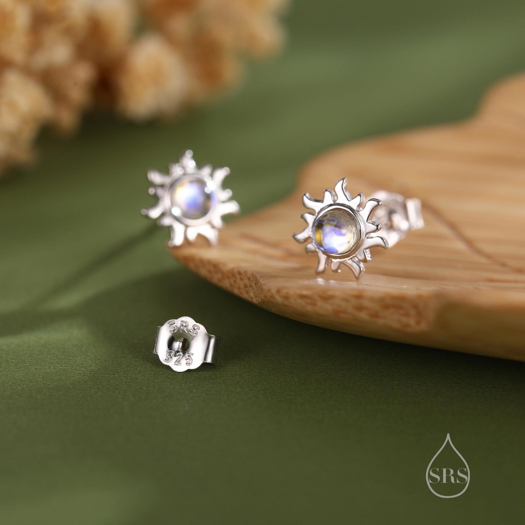 Tiny Sun Stud Earrings in Sterling Silver with Simulated Moonstone, Silver or Gold, Sun Earrings, Celestial Earrings