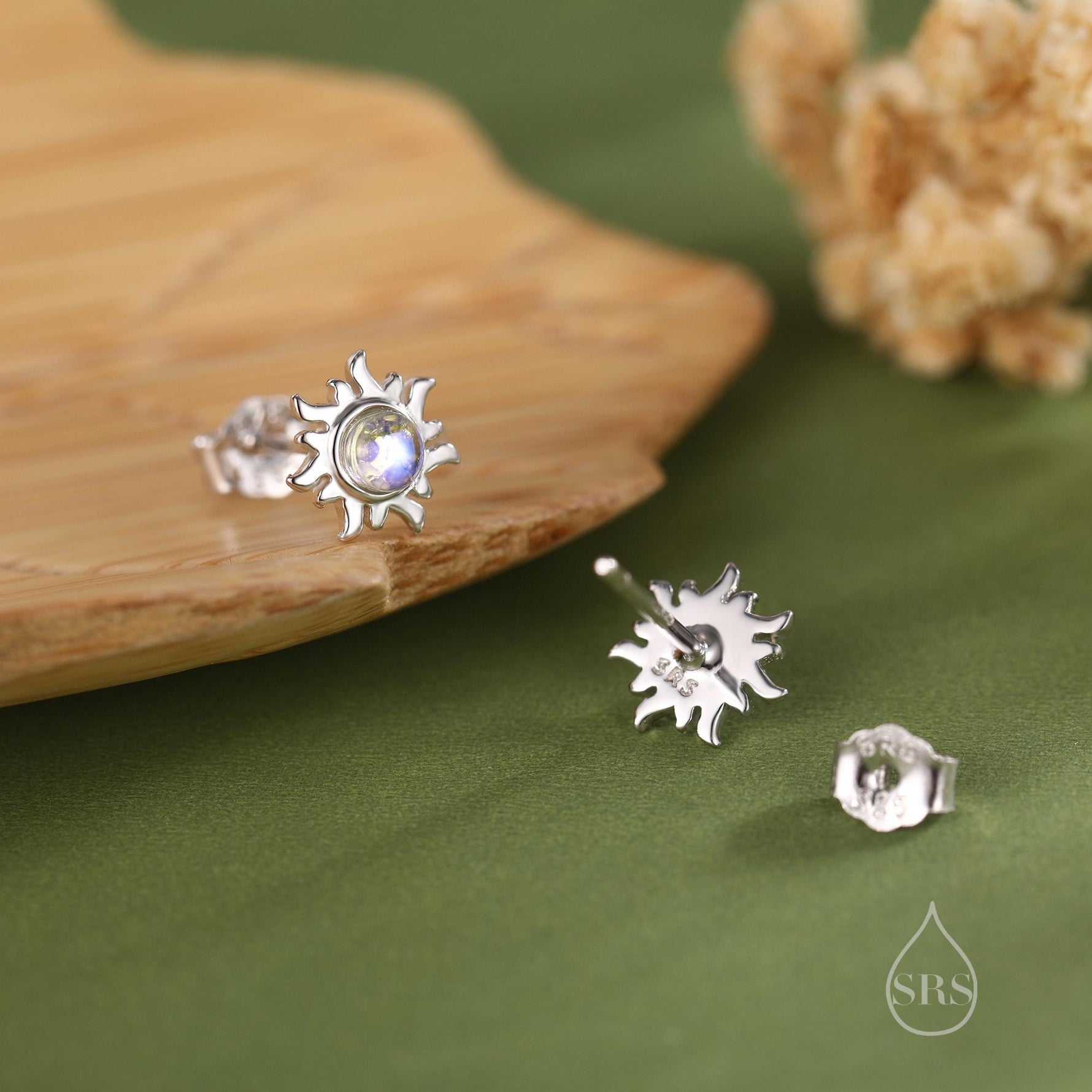 Tiny Sun Stud Earrings in Sterling Silver with Simulated Moonstone, Silver or Gold, Sun Earrings, Celestial Earrings