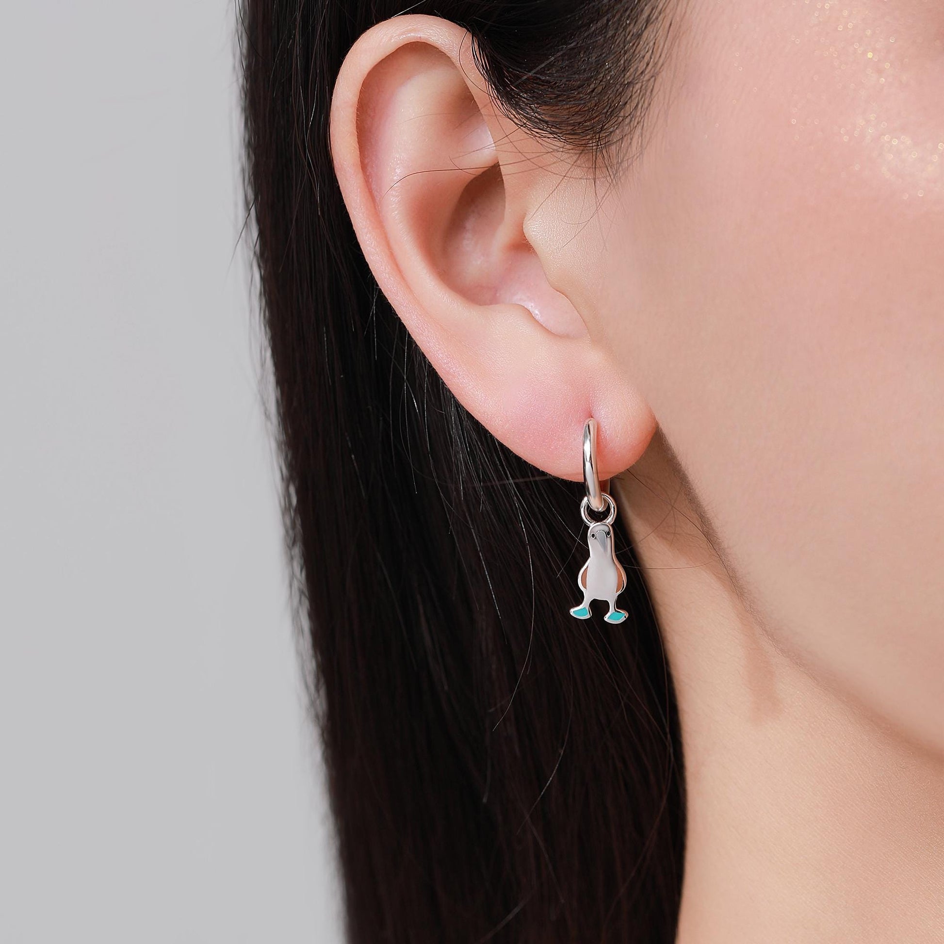 Sterling Silver Blue Footed Boobie Huggie Hoop Earrings, Detachable Charm Hoops, Blue-Footed Boobie Bird Dangle Earrings, Bird Jewellery