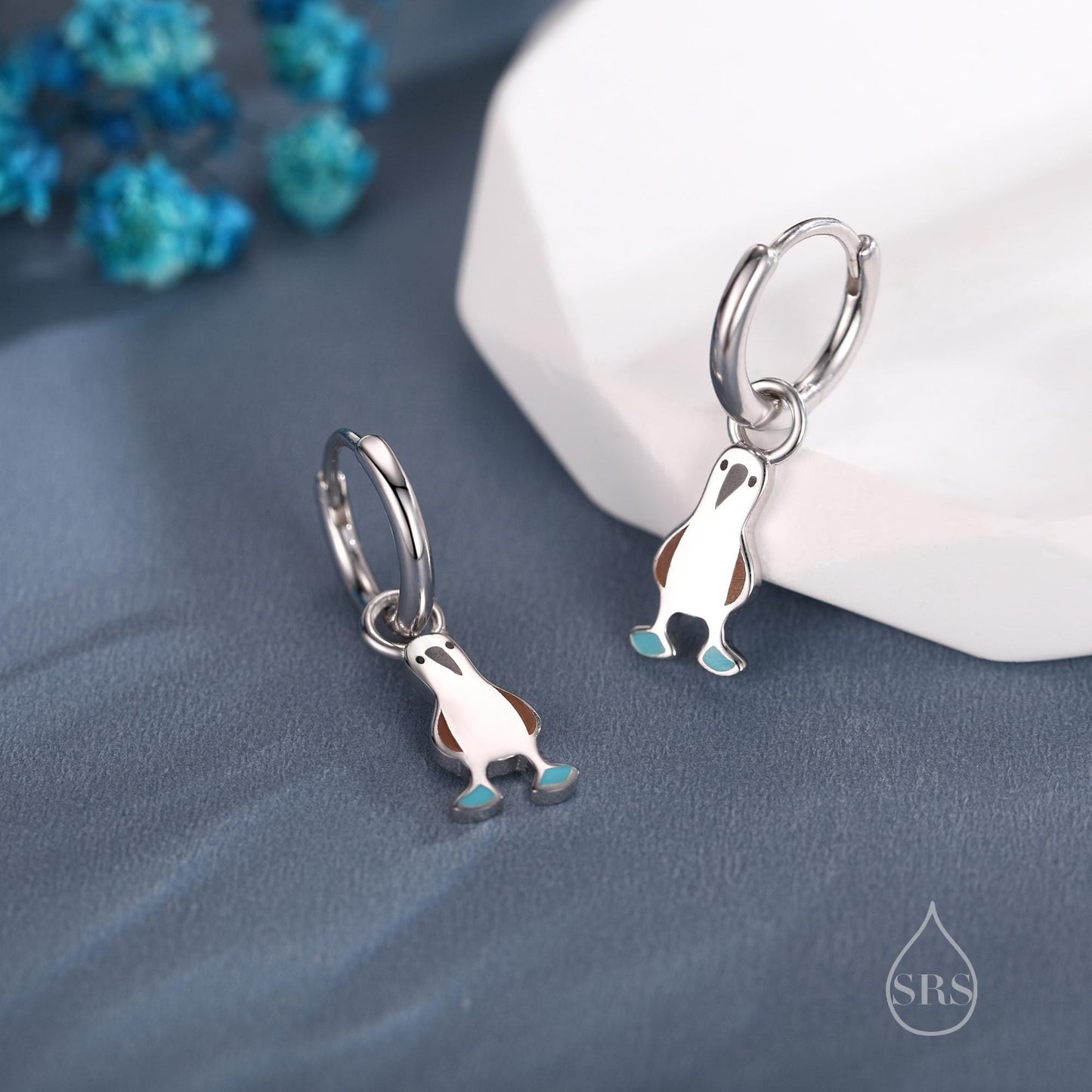 Sterling Silver Blue Footed Boobie Huggie Hoop Earrings, Detachable Charm Hoops, Blue-Footed Boobie Bird Dangle Earrings, Bird Jewellery