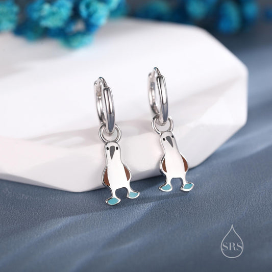 Sterling Silver Blue Footed Boobie Huggie Hoop Earrings, Detachable Charm Hoops, Blue-Footed Boobie Bird Dangle Earrings, Bird Jewellery