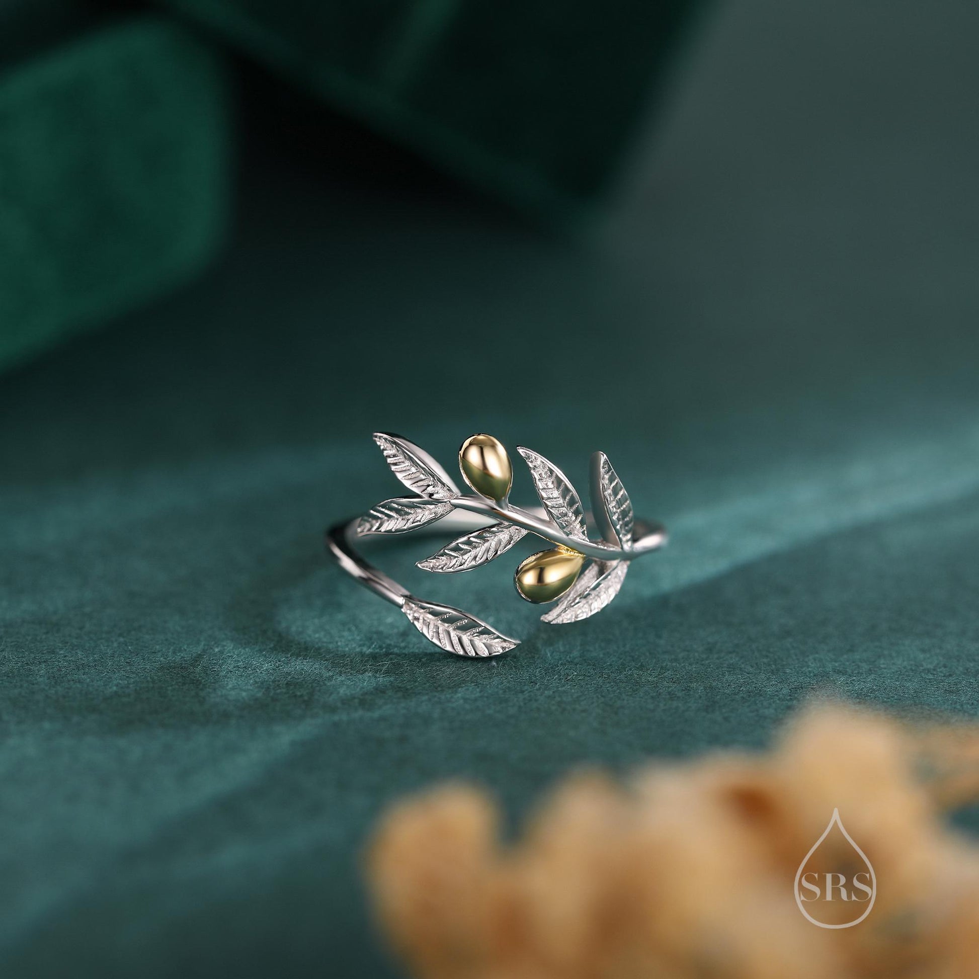 Olive Leaf with Olive Ring in Sterling Silver, Two Tone Finish, Adjustable Size, Olive Branch Botanical Jewellery, Olive Fruit Ring
