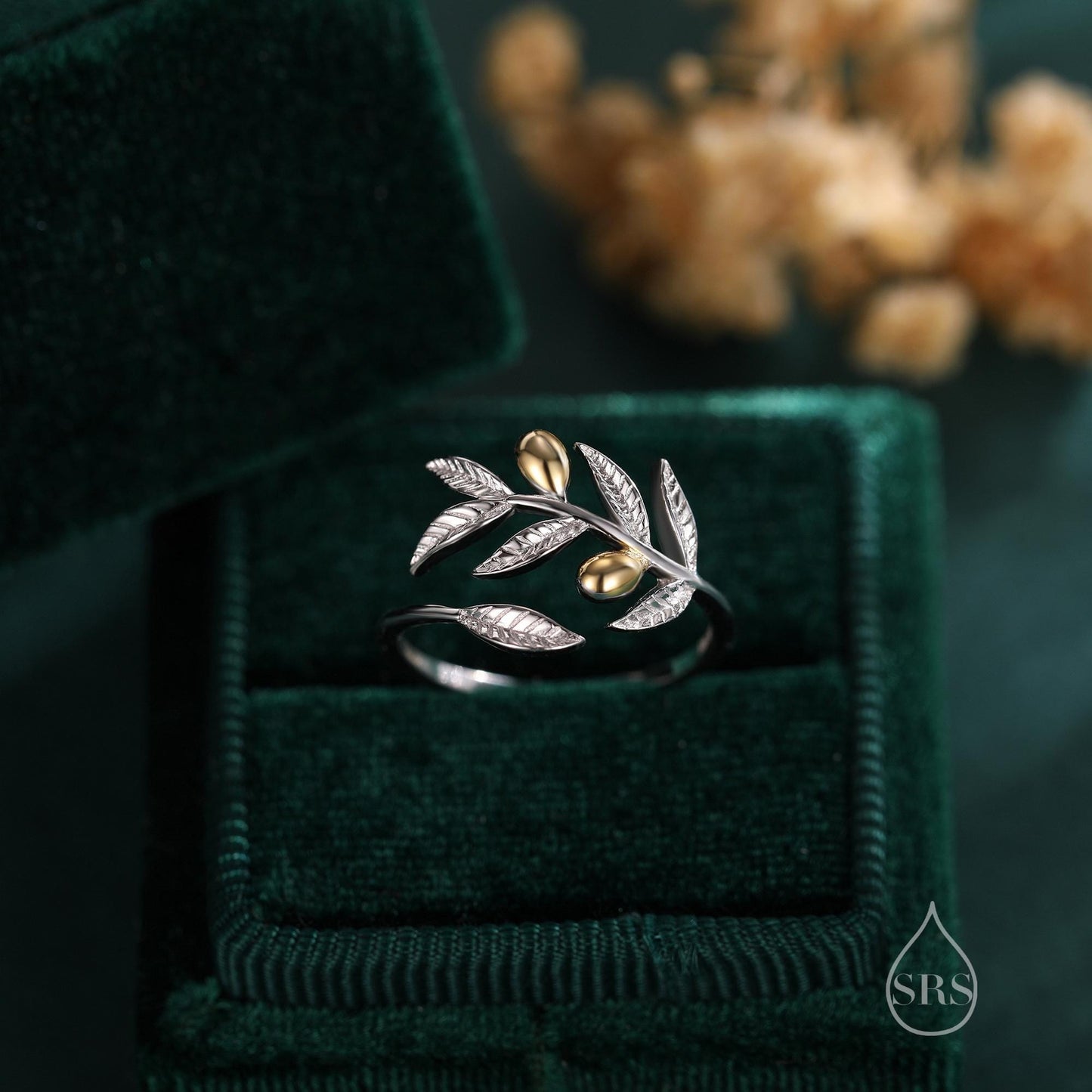 Olive Leaf with Olive Ring in Sterling Silver, Two Tone Finish, Adjustable Size, Olive Branch Botanical Jewellery, Olive Fruit Ring