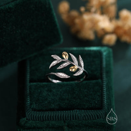 Olive Leaf with Olive Ring in Sterling Silver, Two Tone Finish, Adjustable Size, Olive Branch Botanical Jewellery, Olive Fruit Ring