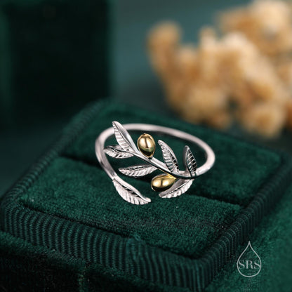 Olive Leaf with Olive Ring in Sterling Silver, Two Tone Finish, Adjustable Size, Olive Branch Botanical Jewellery, Olive Fruit Ring