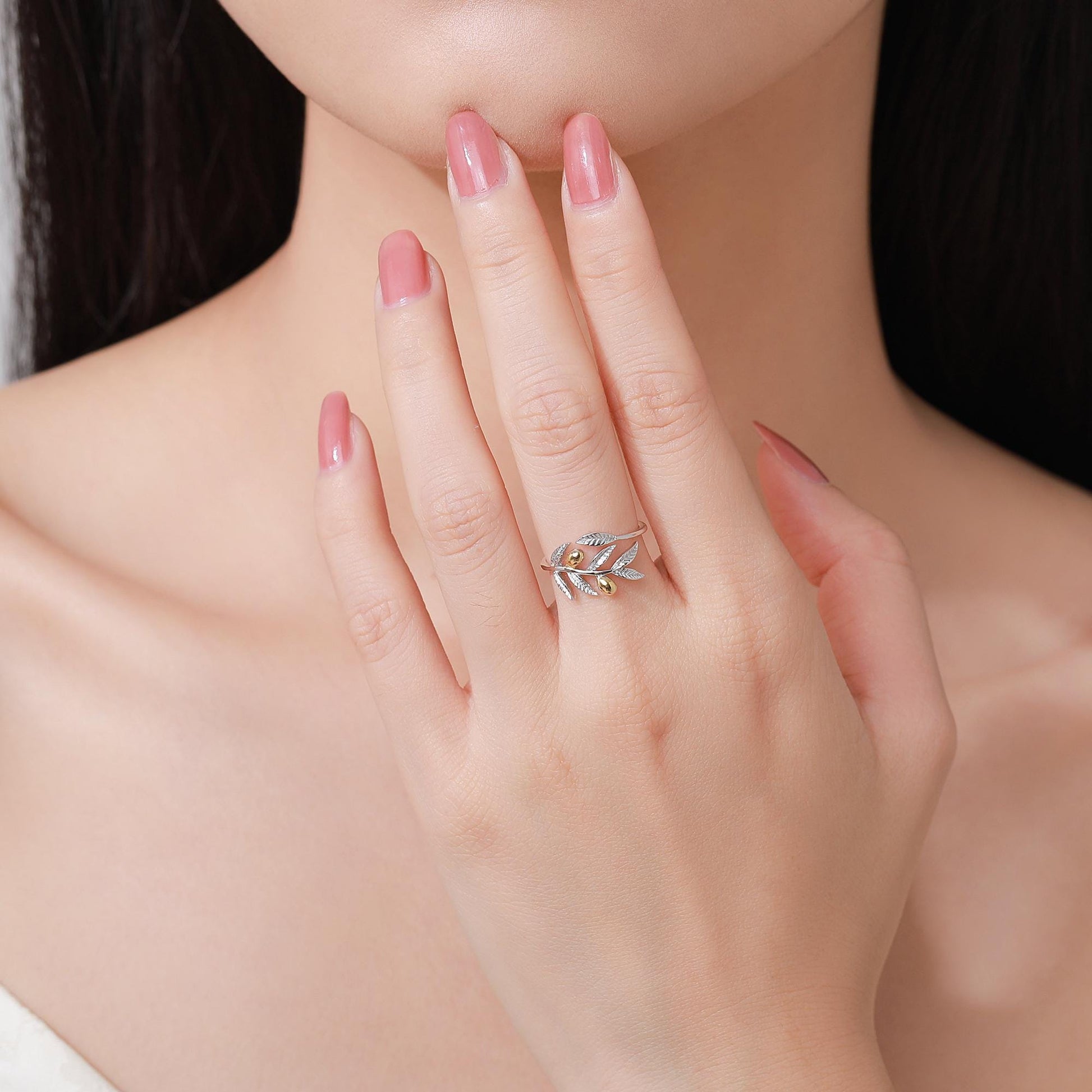 Olive Leaf with Olive Ring in Sterling Silver, Two Tone Finish, Adjustable Size, Olive Branch Botanical Jewellery, Olive Fruit Ring