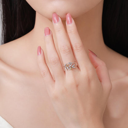 Olive Leaf with Olive Ring in Sterling Silver, Two Tone Finish, Adjustable Size, Olive Branch Botanical Jewellery, Olive Fruit Ring