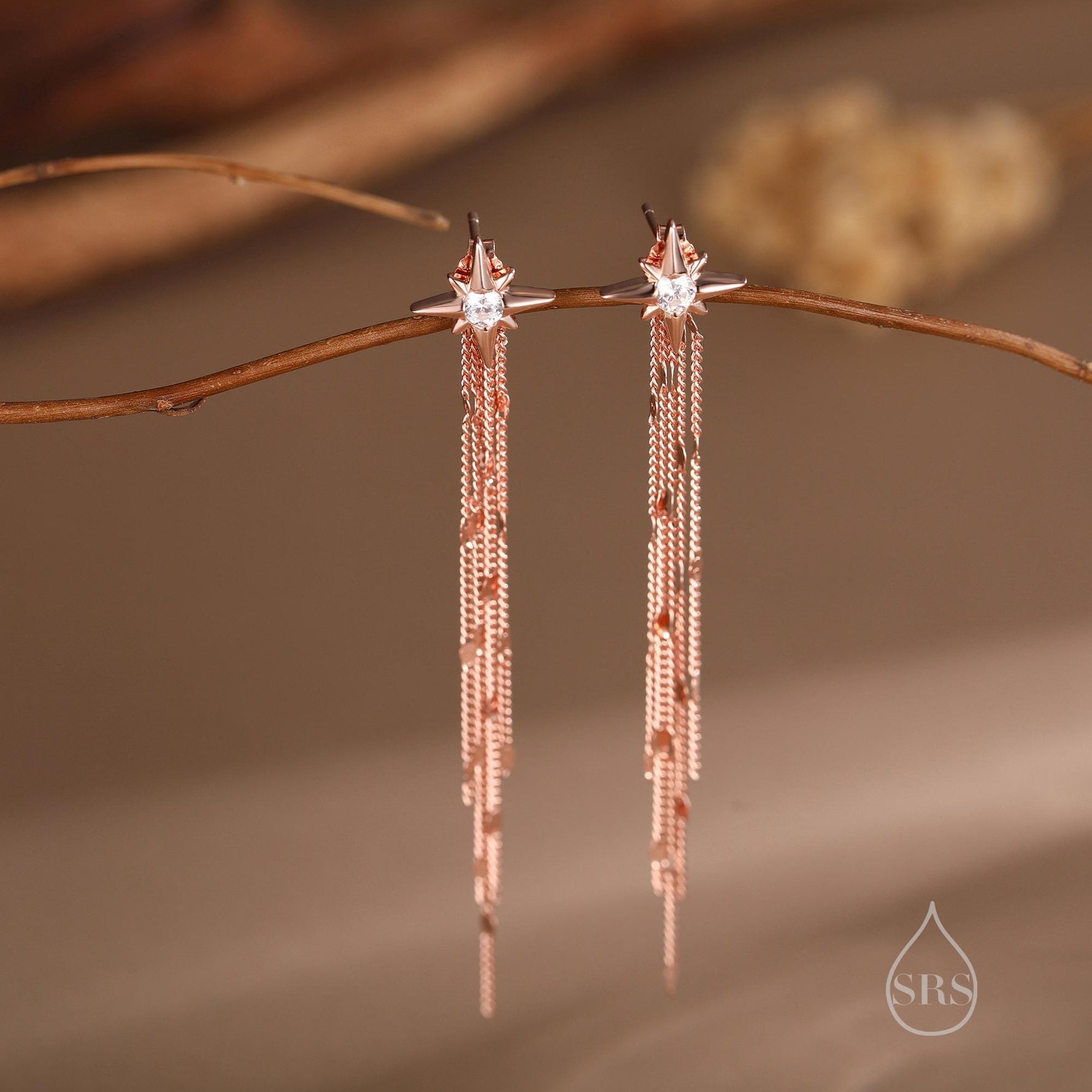 Delicate Starburst Dangle Drop Stud Earrings in Sterling Silver with Sparkle Tassels, Silver or Gold or Rose Gold, North Star Earrings
