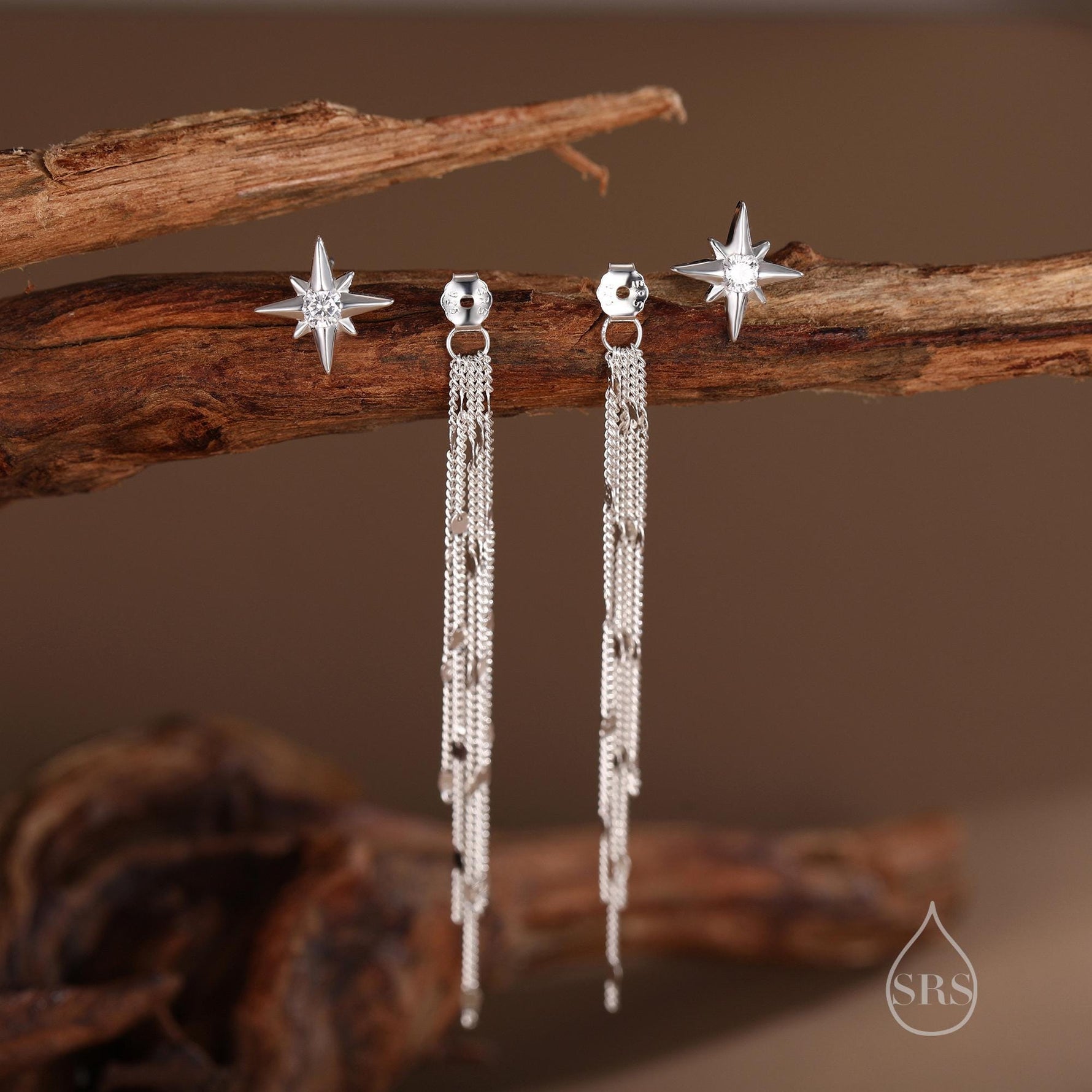 Delicate Starburst Dangle Drop Stud Earrings in Sterling Silver with Sparkle Tassels, Silver or Gold or Rose Gold, North Star Earrings