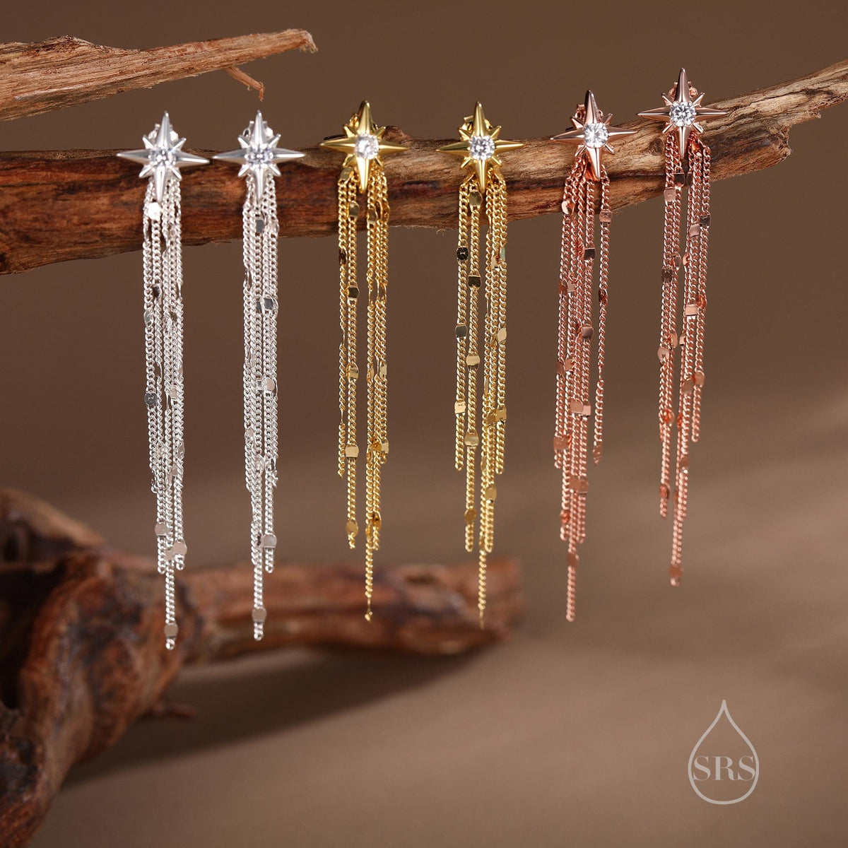 Delicate Starburst Dangle Drop Stud Earrings in Sterling Silver with Sparkle Tassels, Silver or Gold or Rose Gold, North Star Earrings