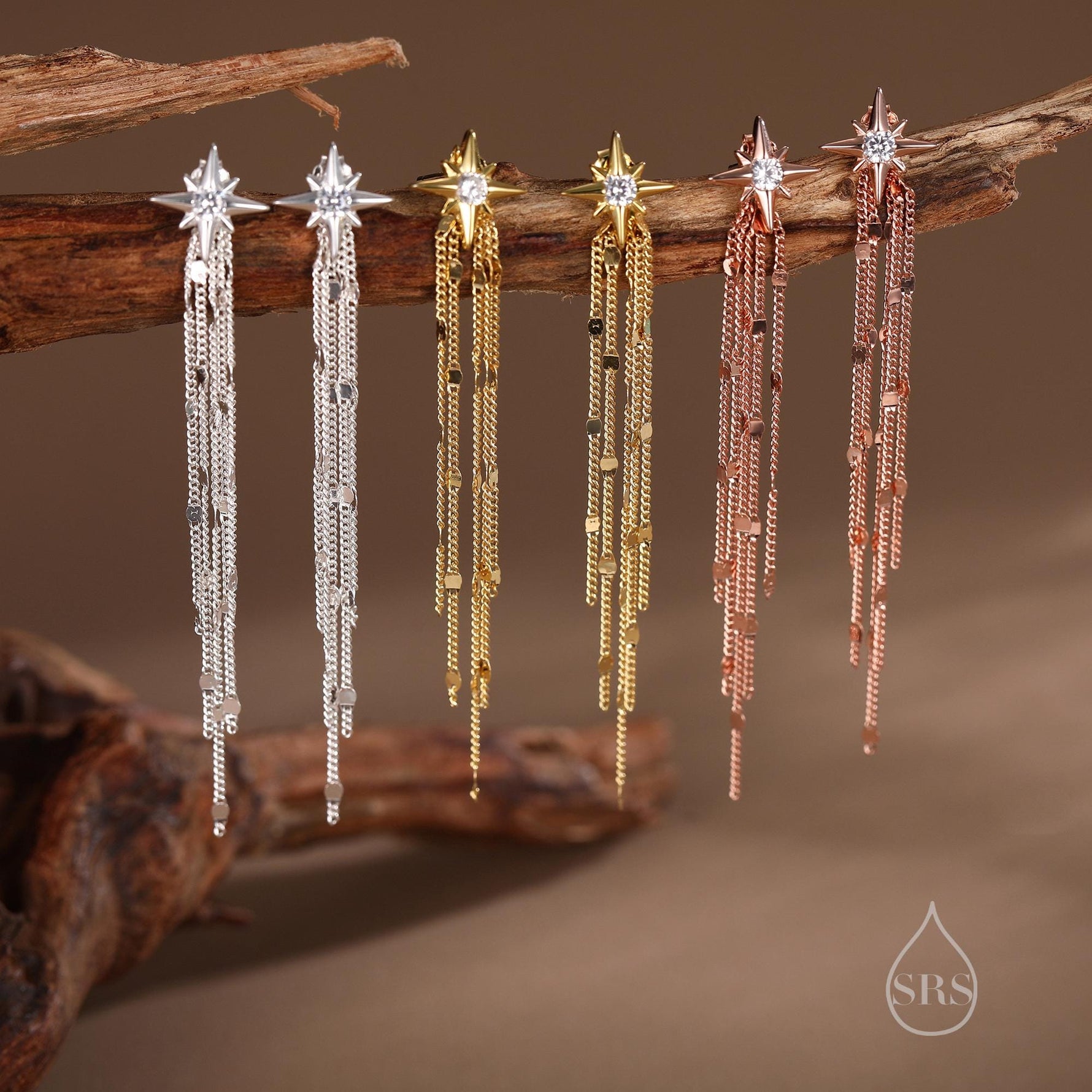 Delicate Starburst Dangle Drop Stud Earrings in Sterling Silver with Sparkle Tassels, Silver or Gold or Rose Gold, North Star Earrings
