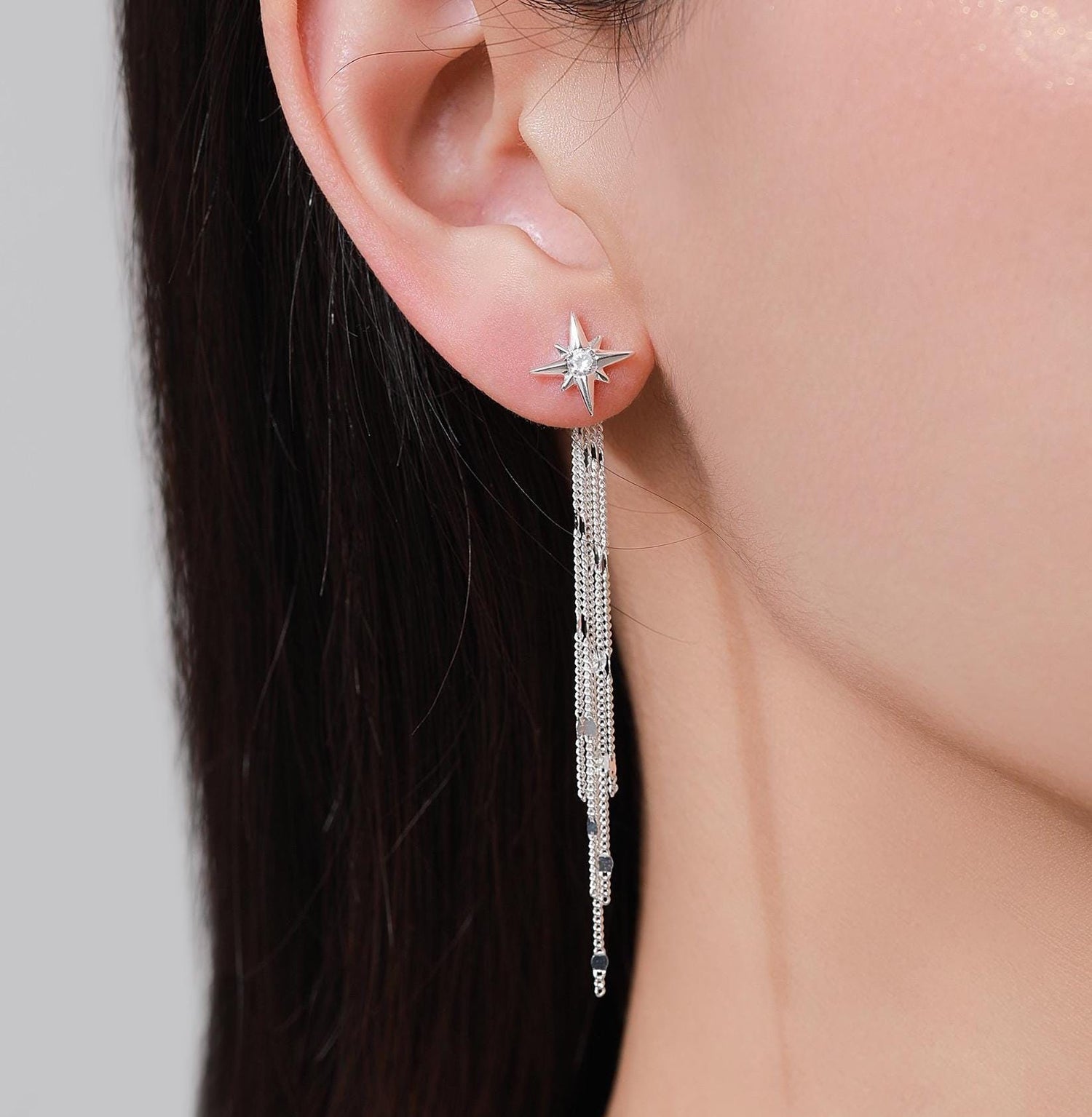 Delicate Starburst Dangle Drop Stud Earrings in Sterling Silver with Sparkle Tassels, Silver or Gold or Rose Gold, North Star Earrings