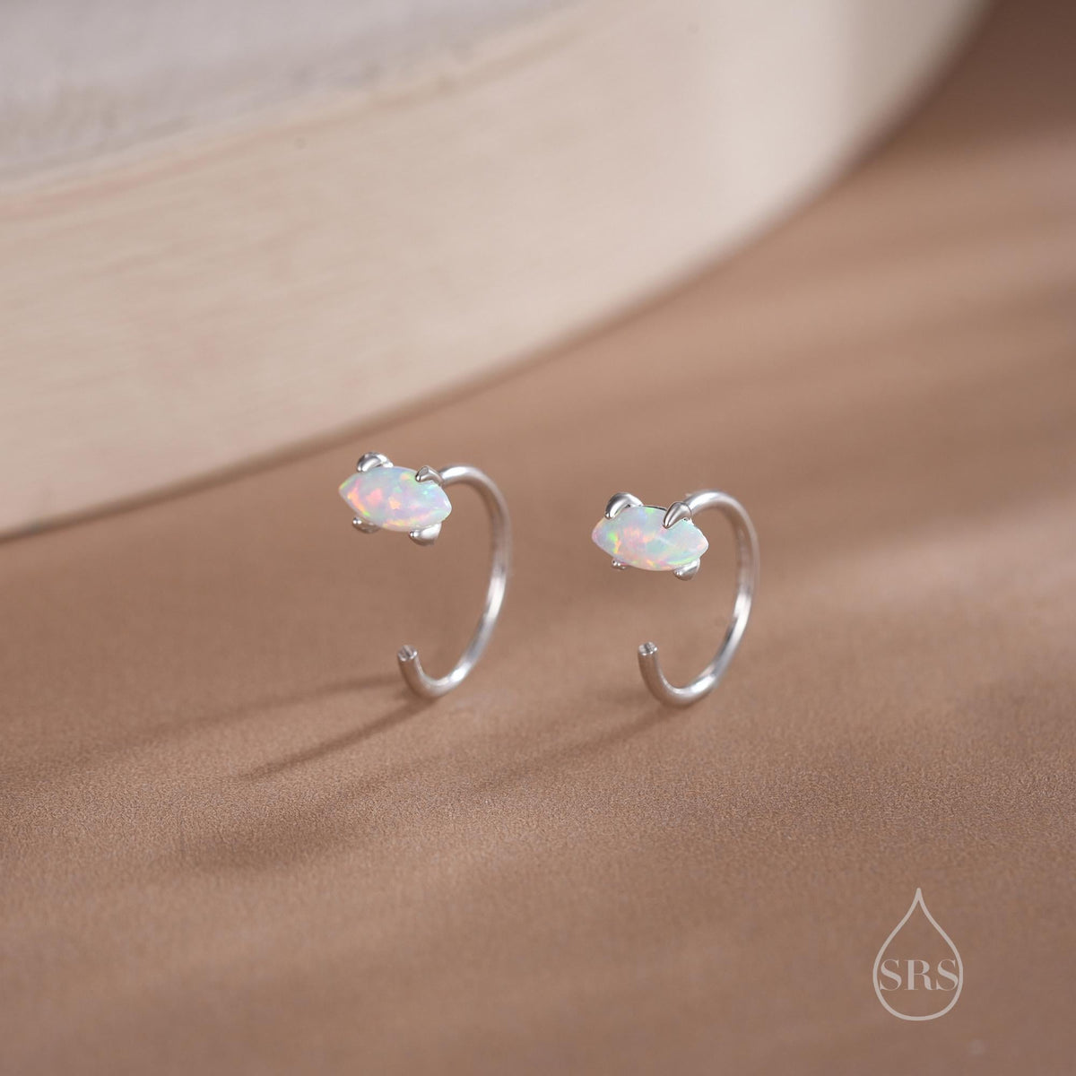 Minimalist Opal Marquise Huggie Hoop Threader Earrings in Sterling Silver, Gold or Silver, Pull Through Open Hoop Earrings,