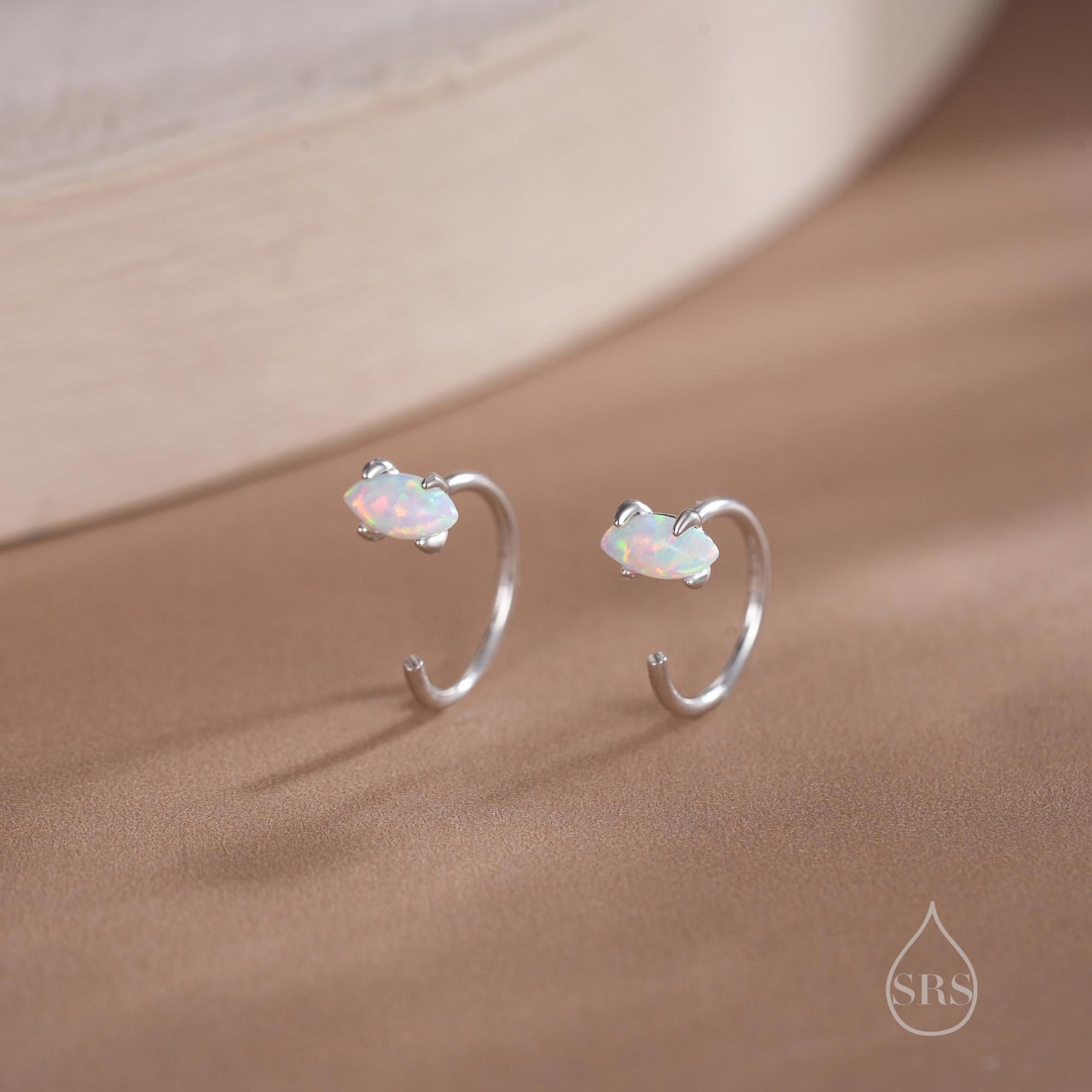 Minimalist Opal Marquise Huggie Hoop Threader Earrings in Sterling Silver, Gold or Silver, Pull Through Open Hoop Earrings,