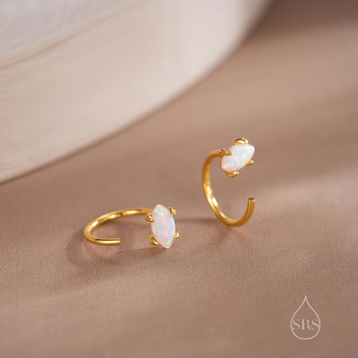 Minimalist Opal Marquise Huggie Hoop Threader Earrings in Sterling Silver, Gold or Silver, Pull Through Open Hoop Earrings,